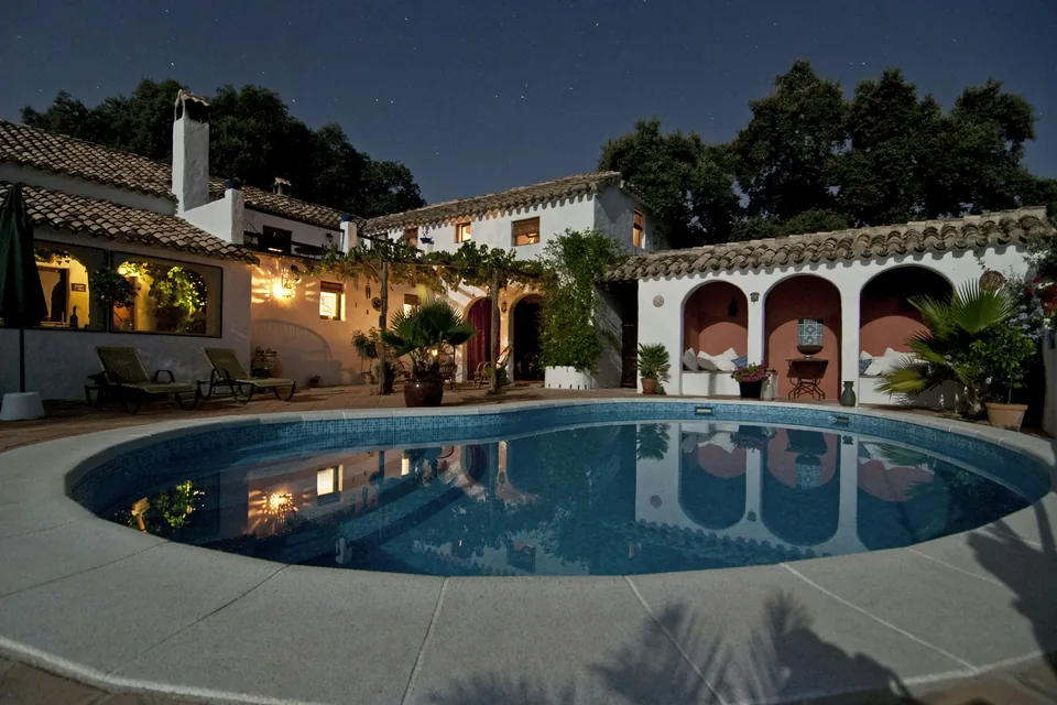 South Florida estate courtyard at dusk, representative photography